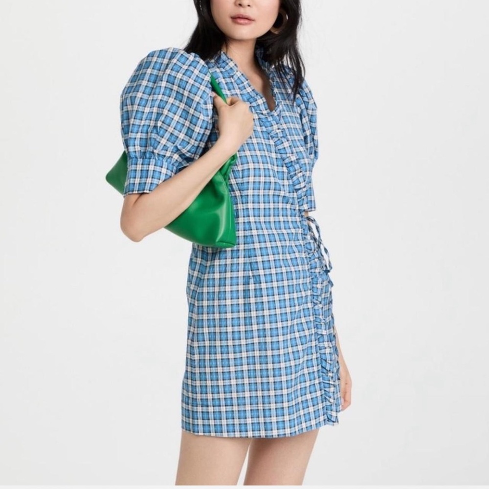 Ganni blue seersucker wrap ruffle dress